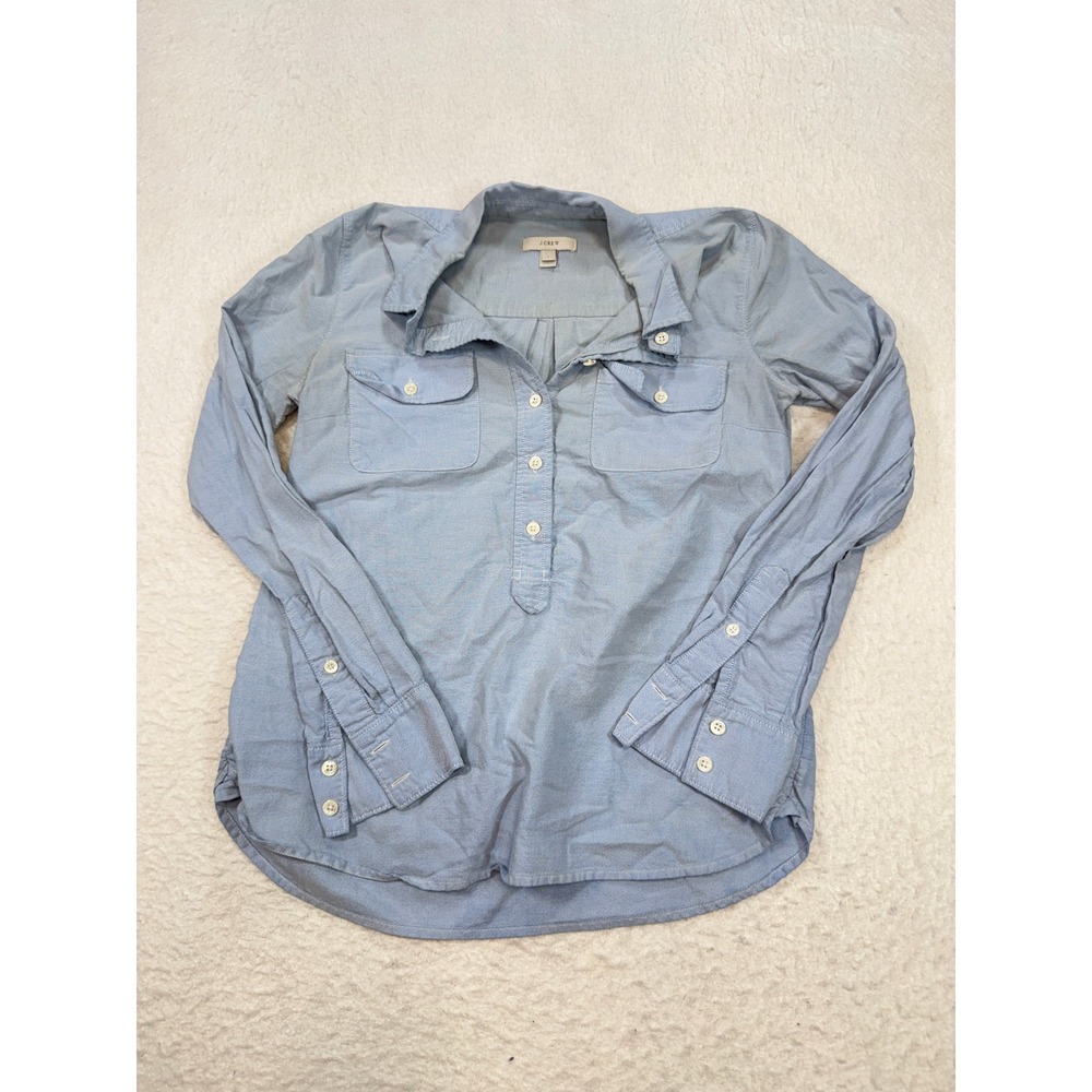 J.Crew Womens Blue Cotton Oxford Popover Shirt Size 4 Long Sleeve Pockets